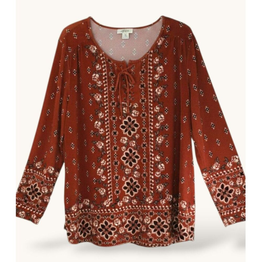 Style & Co Women's Boho Western Print Peasant Blouse Lace-Up Neck XL